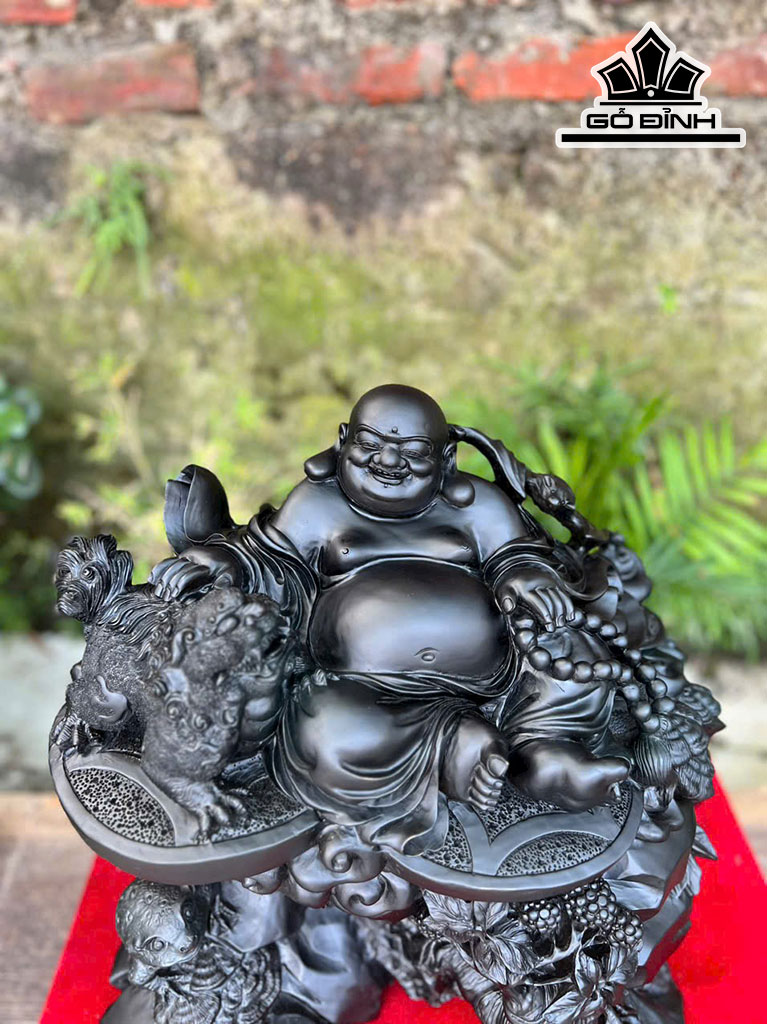 Tượng Phật Di Lặc Ngồi Chum Tiền Gỗ Mun Sừng Cao 40 Ngang 42 Sâu 30 (cm)