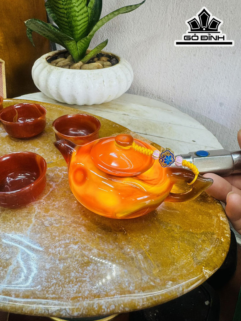 Bộ Ấm Chén Đá Mã Não Cao 14 Ngang 7 Sâu 9 (cm)