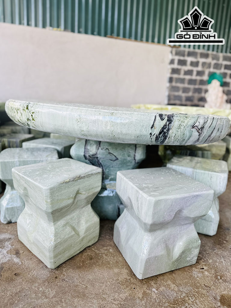 Bộ Bàn 6 Đôn Đá Serpentine Cao 68 Đường Kính Bàn 130 (cm)