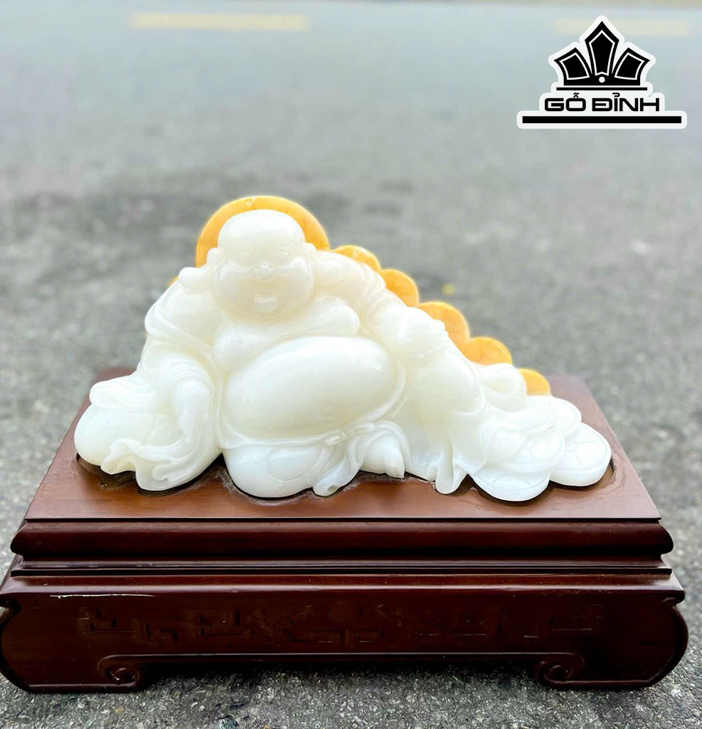 Tượng Phật Di Lặc Kim Tiền Đá Onyx Trắng Cao 45 Ngang 30 (cm) 14kg