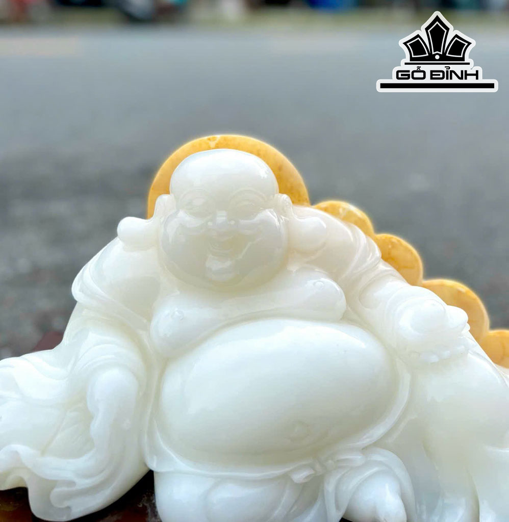 Tượng Phật Di Lặc Kim Tiền Đá Onyx Trắng Cao 45 Ngang 30 (cm) 14kg
