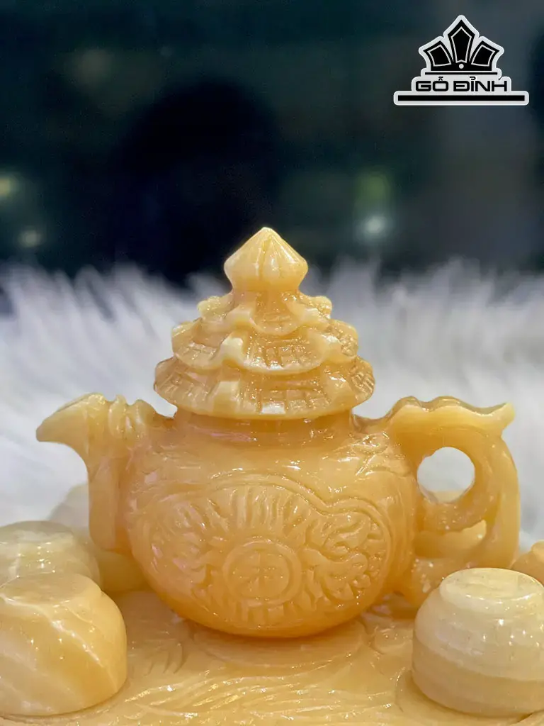 Bộ Ấm Chén Chạm Rồng Đá Ngọc Hoàng Long