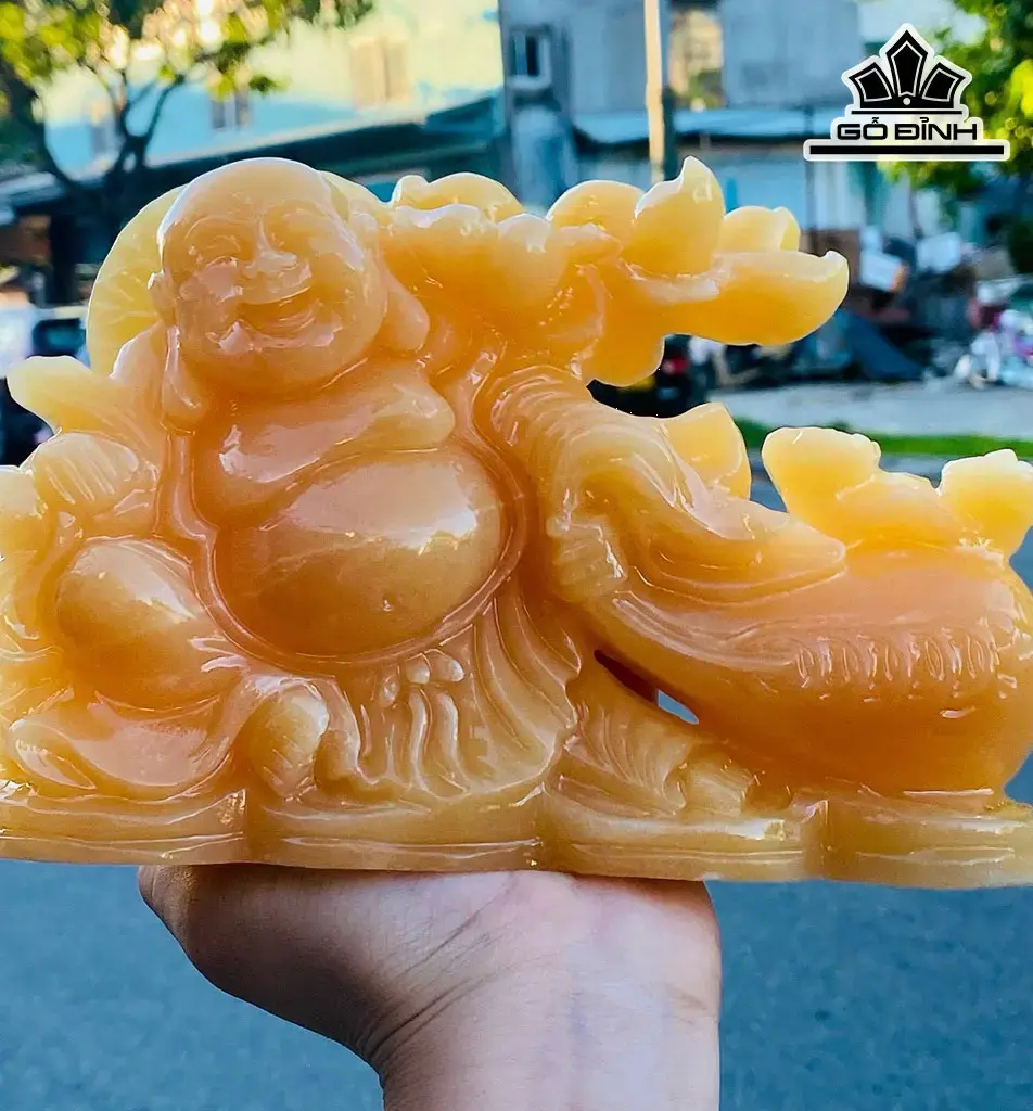 Tượng Di Lặc Kéo Bao Tiền Đá Ngọc Hoàng Long Cao 20 (cm)