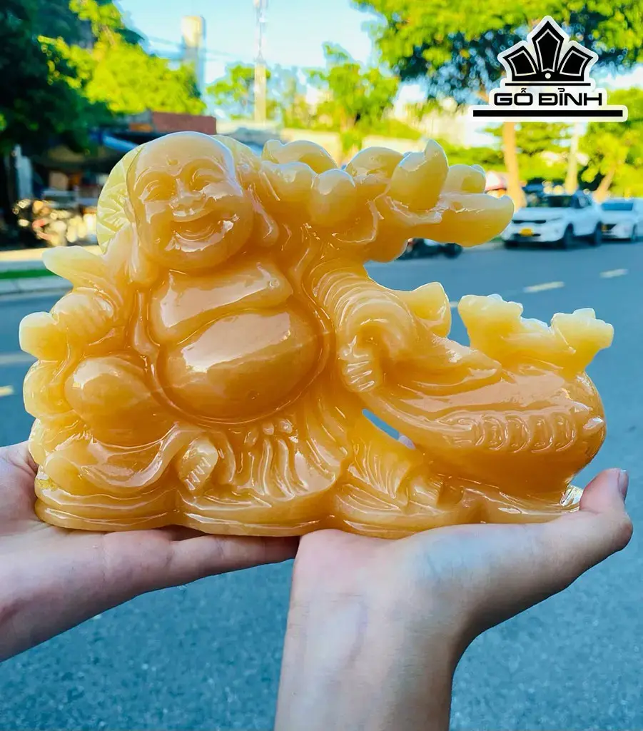 Tượng Di Lặc Kéo Bao Tiền Đá Ngọc Hoàng Long Cao 20 (cm)