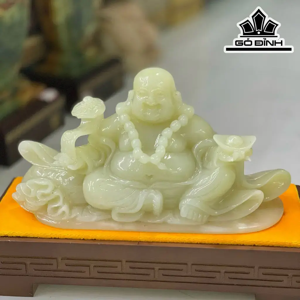 Tác Phẩm Phật Di Lặc Đá Onyx Xanh Ngang 34 (cm)