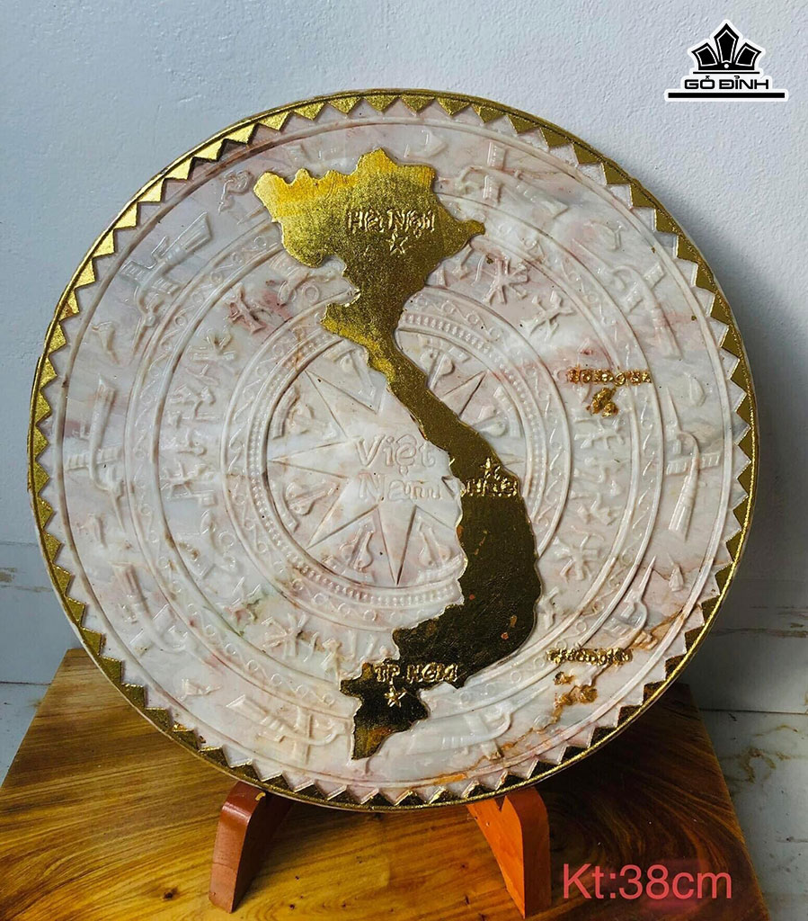 Tranh Đá Trống Đồng Bản Đồ Việt Nam Dát Vàng Đá Serpentine Đường Kính 38 (cm)