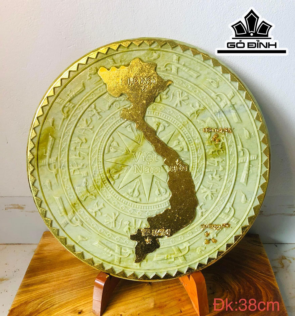 Tranh Đá Trống Đồng Bản Đồ Việt Nam Dát Vàng Đá Serpentine Đường Kính 38 (cm)