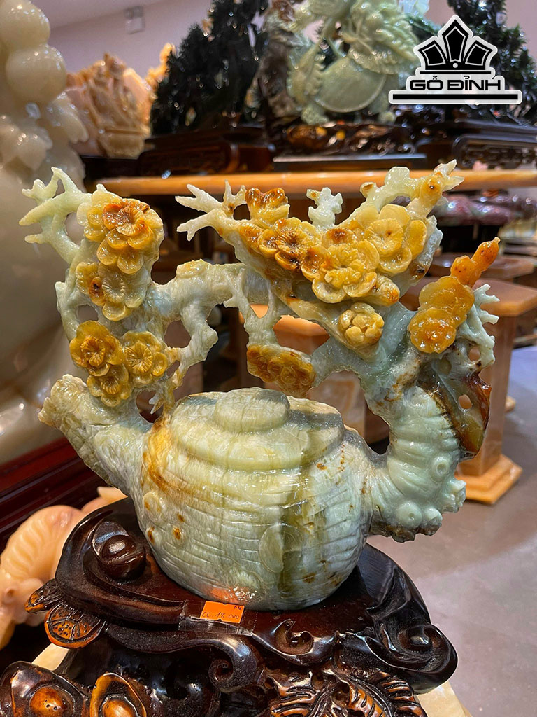 Bình Ấm Trà Hoa Tài Lộc Đá Serpentine Cao 26 Ngang 25 Sâu 10 (cm)