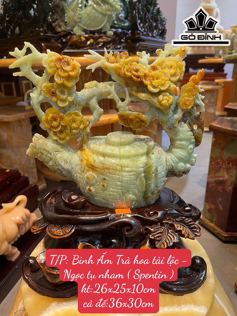 Bình Ấm Trà Hoa Tài Lộc Đá Serpentine Cao 26 Ngang 25 Sâu 10 (cm)