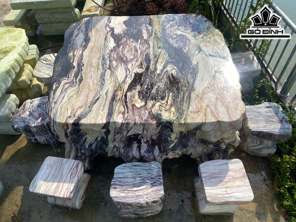 Bộ Bàn 10 Đôn Đá Serpentine Vân Đa Sắc Cao 66 Ngang 158 Sâu 169 (cm) 6000kg
