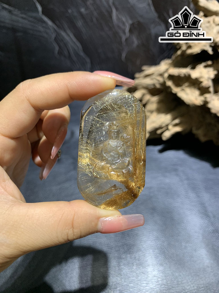 Mặt Dây Chuyền Phật Đá Thạch Anh Tóc Vàng Cao 58,4 Ngang 33,2 Sâu 10,5 (mm)