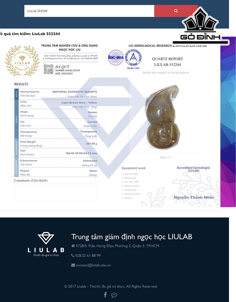 Tác Phẩm Hồ Lô Đá Thạch Anh Tóc Vàng Nâu Cao 106,48 Ngang 59,95 Sâu 34,72 (mm) 267,68g