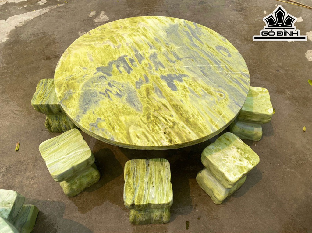 Bộ Bàn 8 Đôn Đá Serpentine Vàng Chanh Cao 66 Đường Kính Bàn 148 (cm)