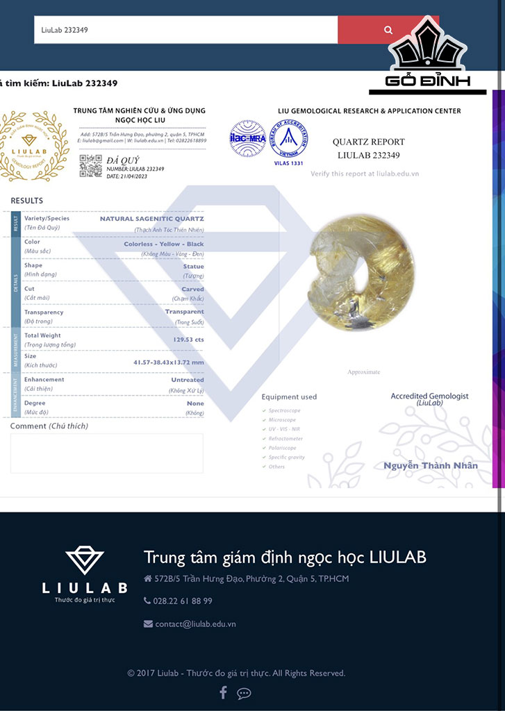 Mặt Dây Chuyền Quan Âm Tọa Nguyệt Đá Thạch Anh Tóc Vàng Cao 41,57 Ngang 38,43 Sâu 13,72 (mm) 129,53cts