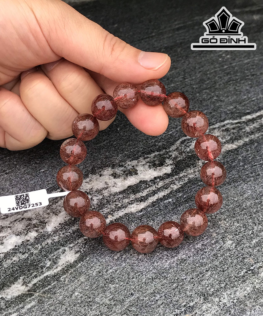 Vòng Tay Đá Thạch Anh Tóc Đỏ Nâu Đường Kính Hạt 12,5 (mm) 45,2g