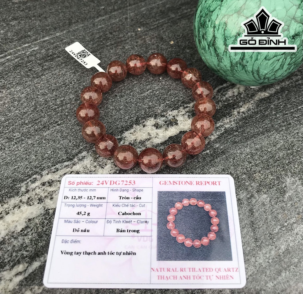 Vòng Tay Đá Thạch Anh Tóc Đỏ Nâu Đường Kính Hạt 12,5 (mm) 45,2g