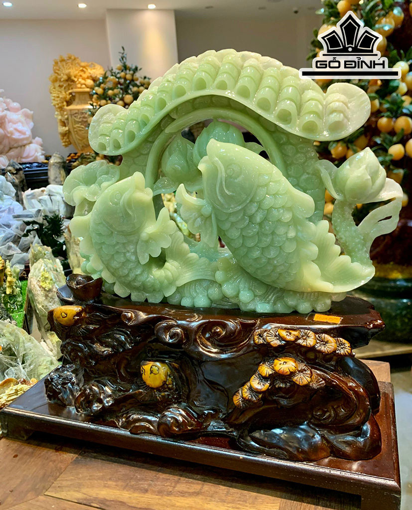Tác Phẩm Song Ngư Uyên Ương Đá Serpentine Cao 38 Ngang 36 Sâu 14 Riêng Đá Cao 34 Ngang 26 Sâu 8 (cm)