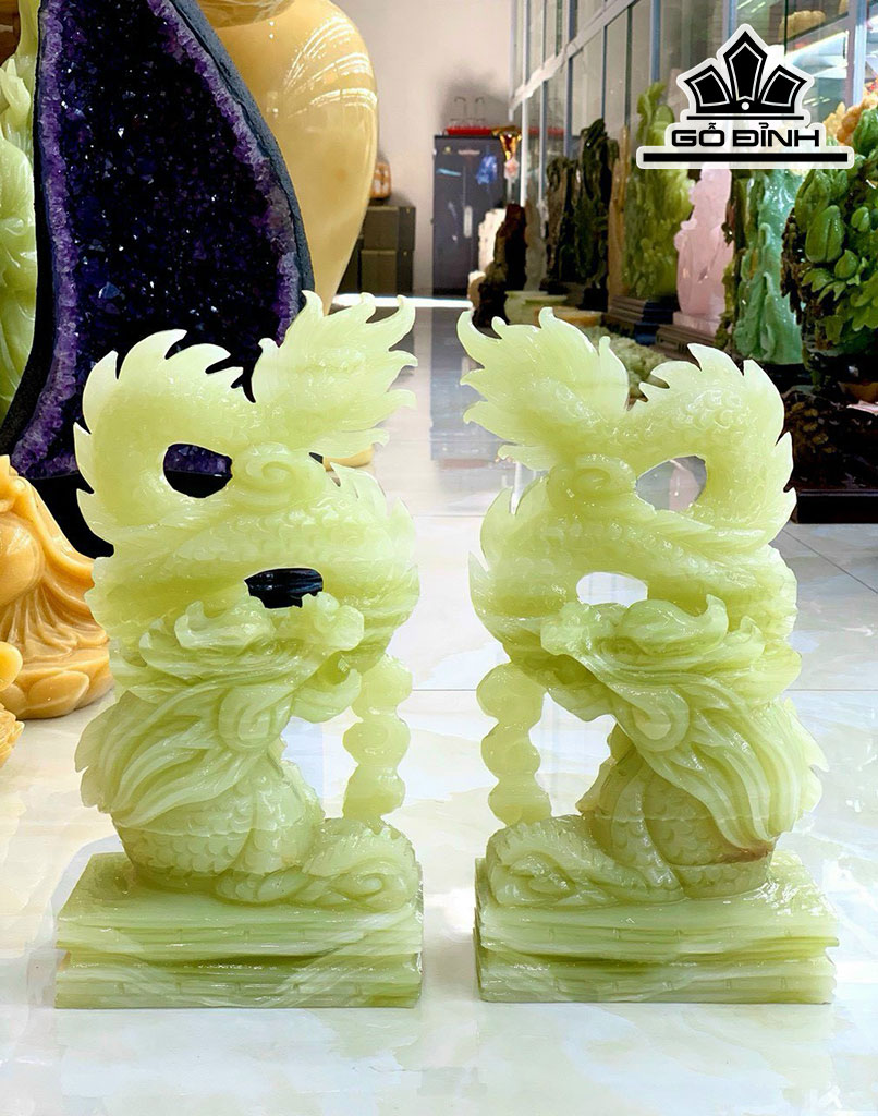 Tác Phẩm Song Long Đá Onyx Xanh Cao 29 Ngang 14 9cm) 6,4kg