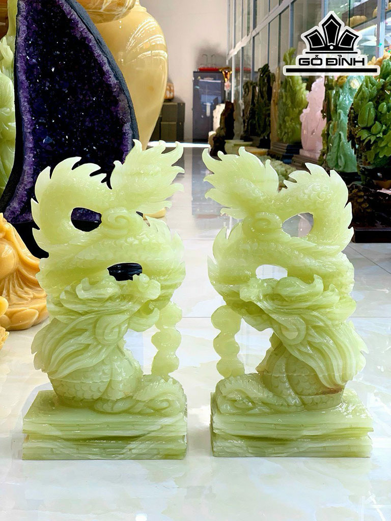 Tác Phẩm Song Long Đá Onyx Xanh Cao 29 Ngang 14 9cm) 6,4kg