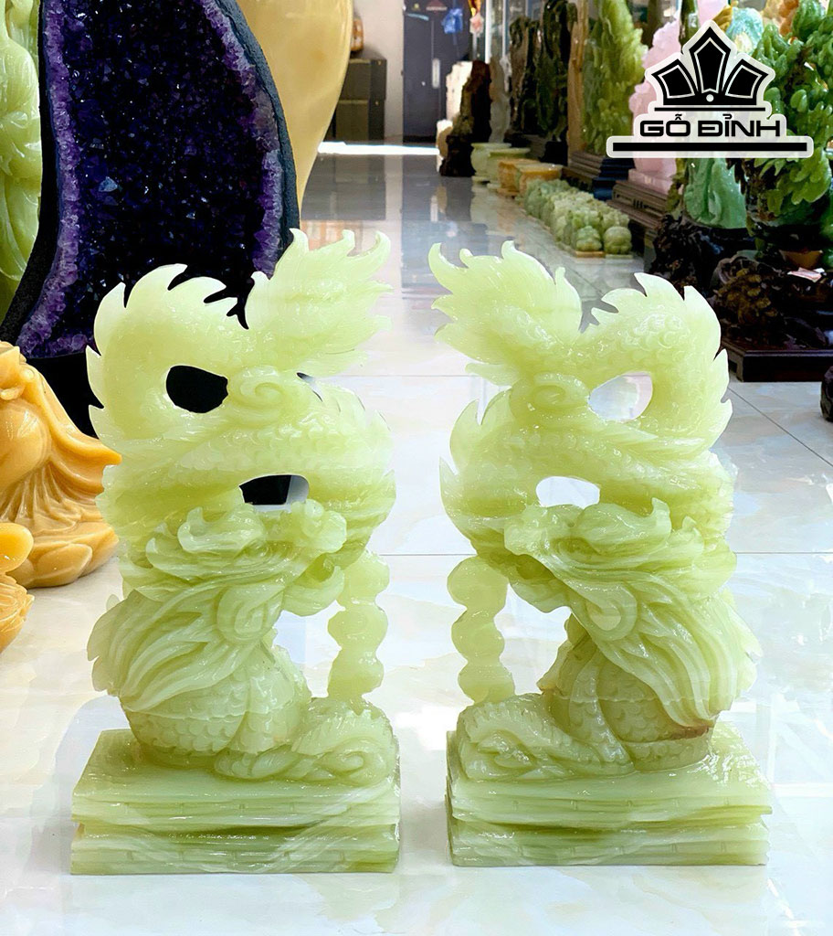 Tác Phẩm Song Long Đá Onyx Xanh Cao 29 Ngang 14 9cm) 6,4kg