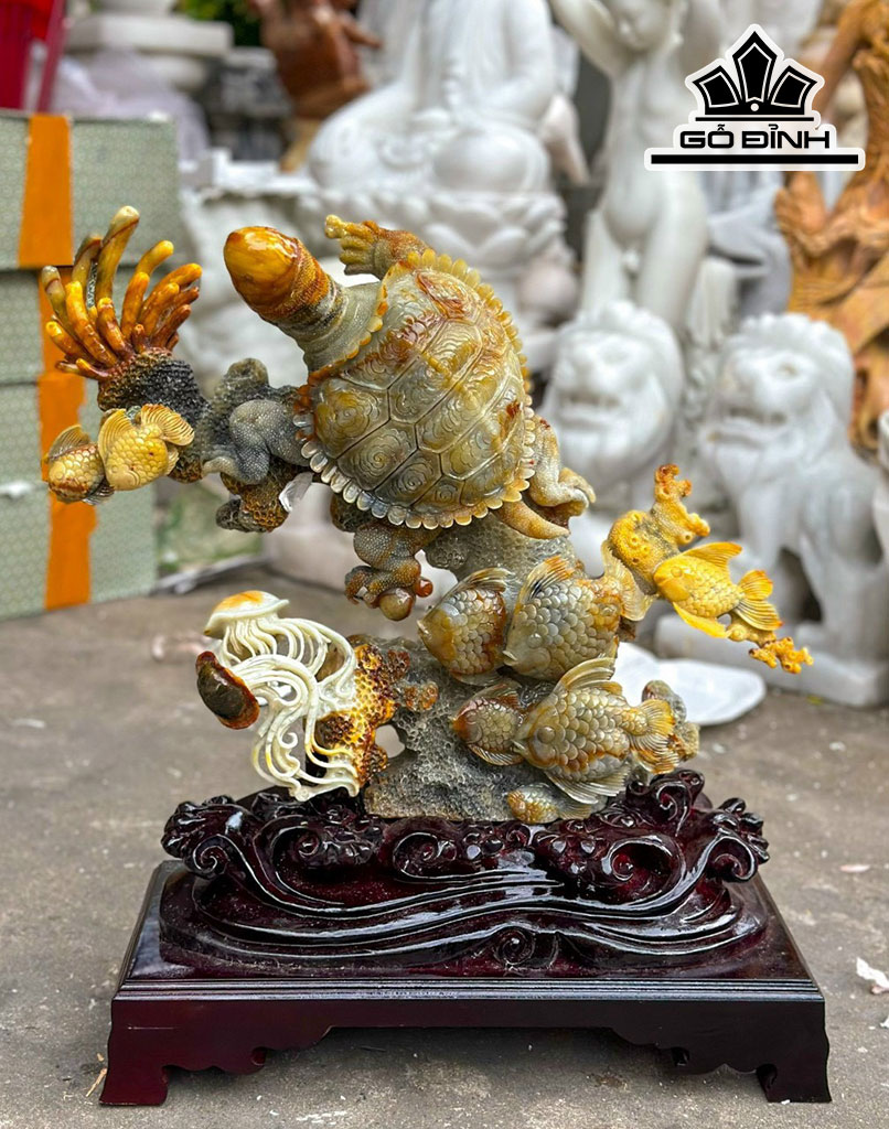 Tác Phẩm Thần Kim Quy Tứ  Quý Đá Serpentine Cao 55 Ngang 50 (cm)