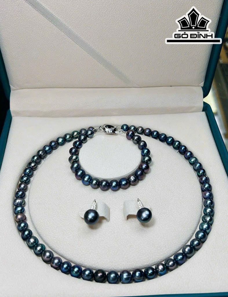 Set 3 Món Dây Chuyền Ngọc Trai Xanh Đen Size 8 Li