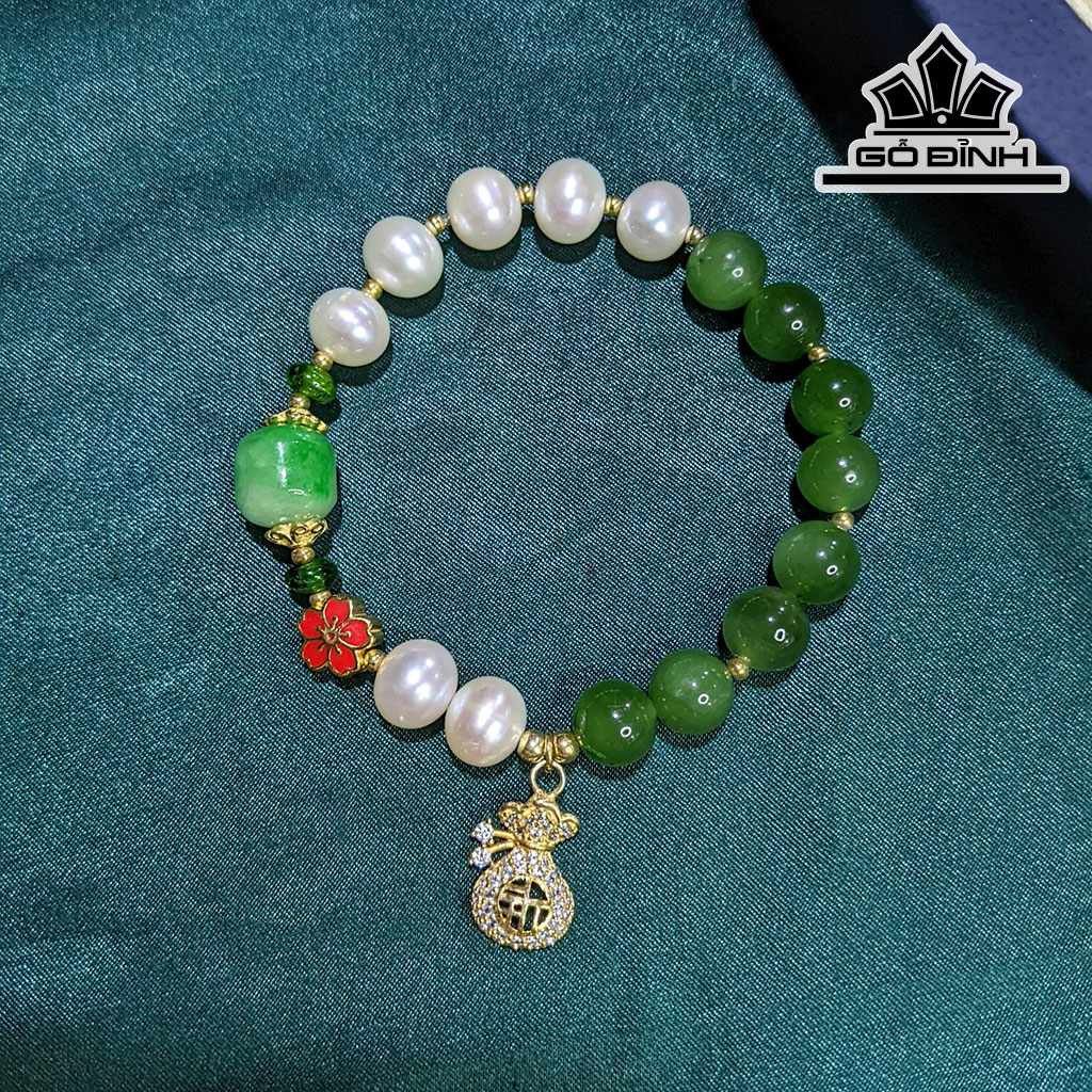Vòng Tay Ngọc Trai Oval Mix Diopside - Cẩm Thạch - Ngọc Bích Size 8 Li