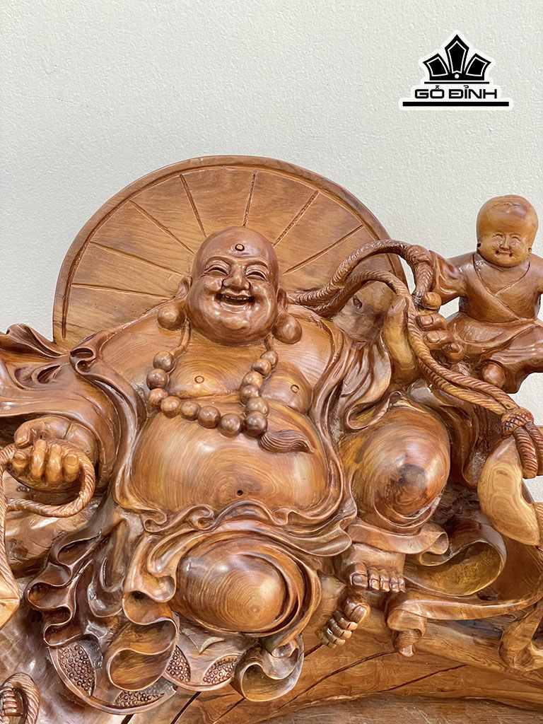 Tượng Phật Di Lặc Ngũ Phúc Gỗ Ngọc Am Cao 34 Ngang 73 Sâu 34 (cm)