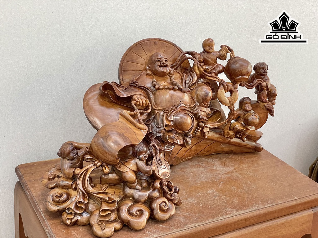Tượng Phật Di Lặc Ngũ Phúc Gỗ Ngọc Am Cao 34 Ngang 73 Sâu 34 (cm)