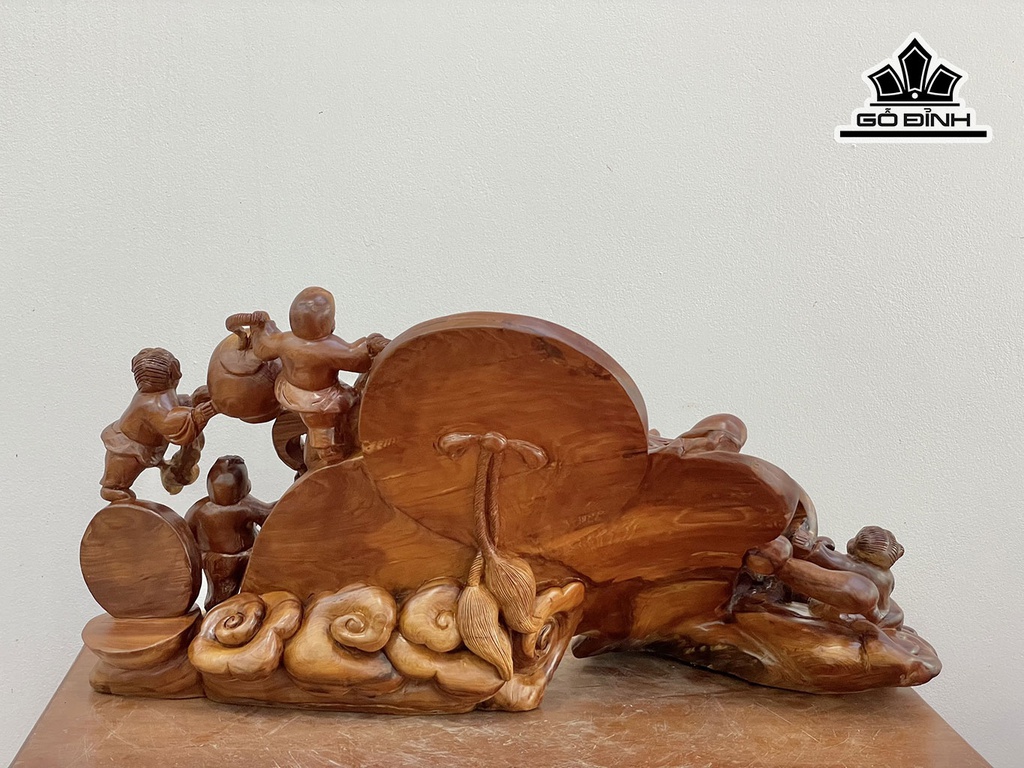 Tượng Phật Di Lặc Ngũ Phúc Gỗ Ngọc Am Cao 34 Ngang 73 Sâu 34 (cm)