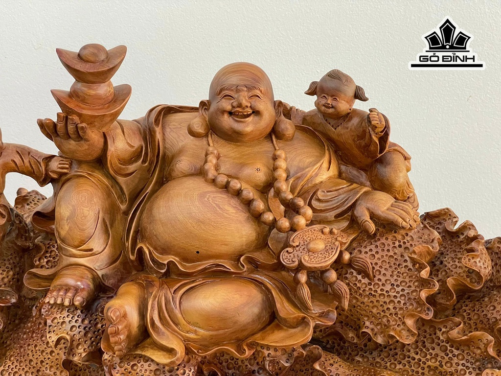 Tượng Phật Di Lặc Nhị Phúc Ngự Bắp Cải Gỗ Bách Xanh Cao 45 Ngang 76 Sâu 26 (cm)