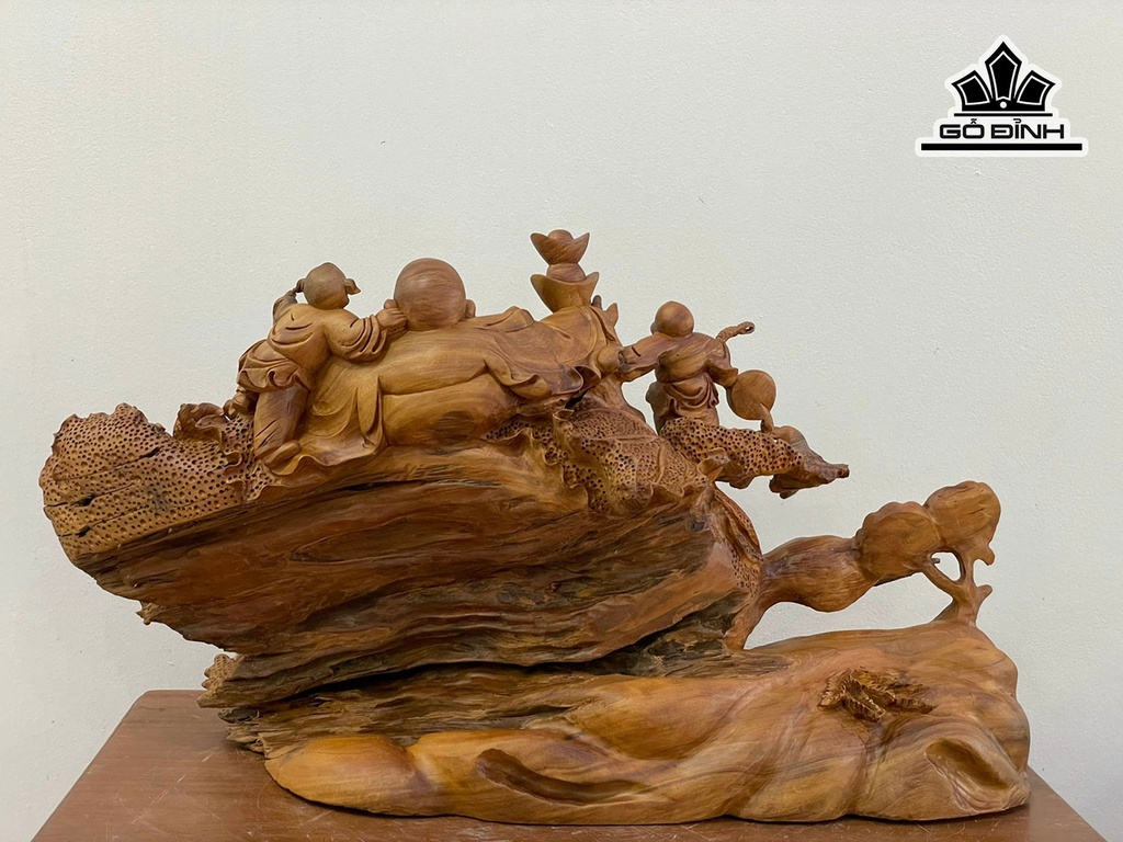 Tượng Phật Di Lặc Nhị Phúc Ngự Bắp Cải Gỗ Bách Xanh Cao 45 Ngang 76 Sâu 26 (cm)