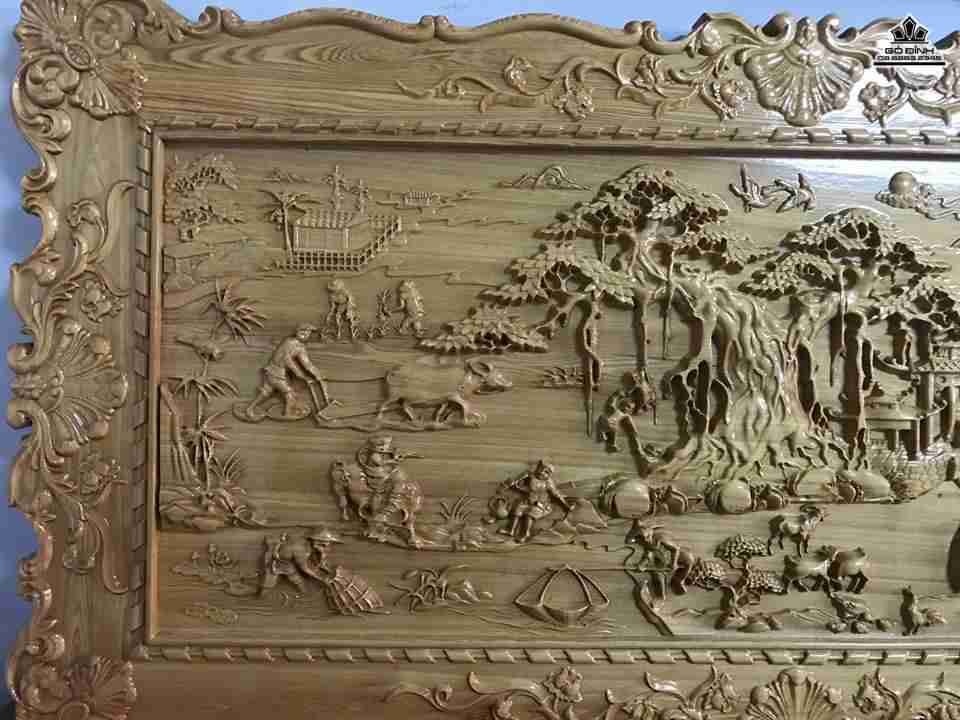 Tranh cảnh đồng quê gỗ pơ mu khung rời  2