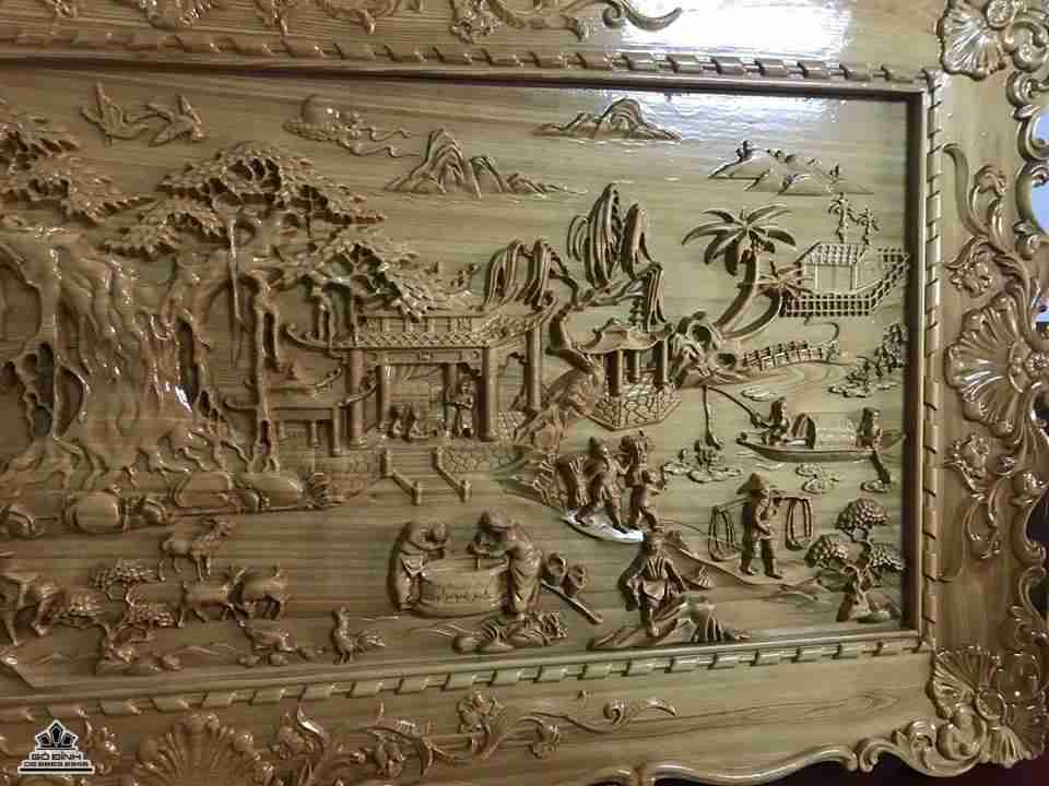 Tranh cảnh đồng quê gỗ pơ mu khung rời  4