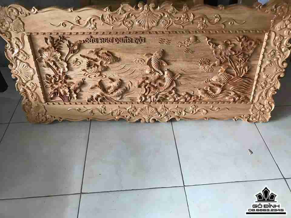 Tranh cửu ngư quần hôi khung rời gỗ pơ mu 70x1m50x4,5 1