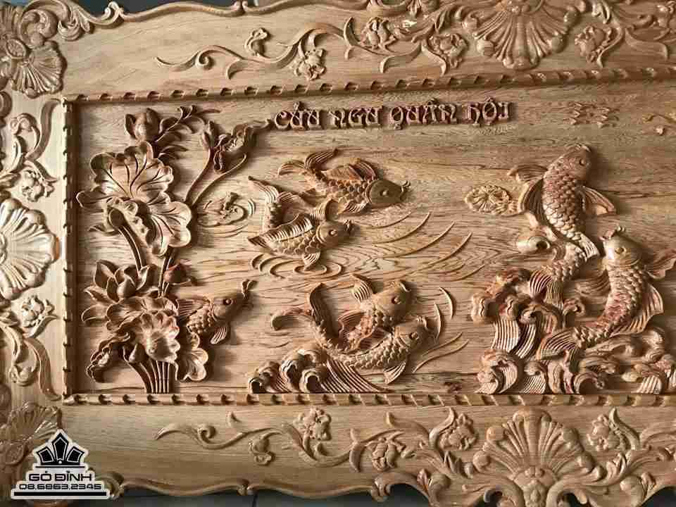 Tranh cửu ngư quần hôi khung rời gỗ pơ mu 70x1m50x4,5 2