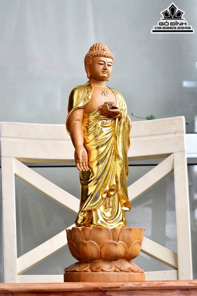 Phật a di đà gỗ bách xanh mạ vàng 40x12.6x11 1
