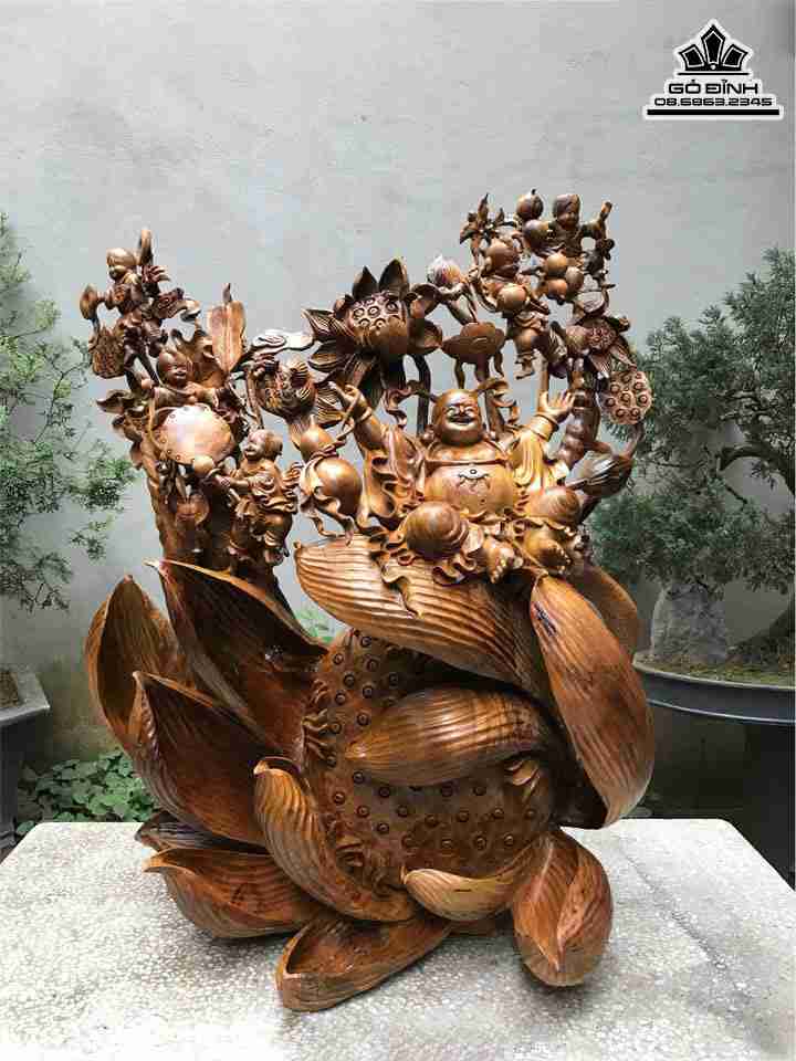 Tượng Phật Di Lặc Ngồi Đài Sen Gỗ Bách Xanh  Cao 102 Ngang 80 Sâu 48 (cm)