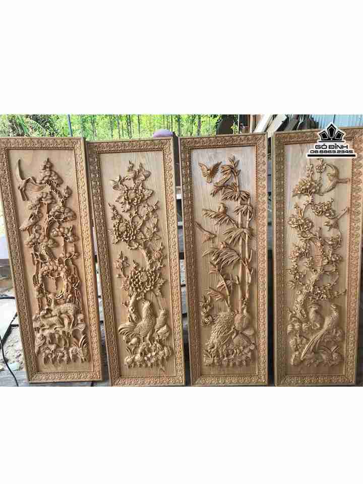 Tranh Tứ Quý Tùng Cúc Trúc Mai gỗ pơ mu  rộng 39 cao 119 dày 4 (cm)