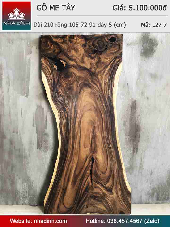 Mặt Bàn Gỗ Me Tây Nguyên Tấm Dài 210 Rộng 105-72-91 Dày 5 (cm)