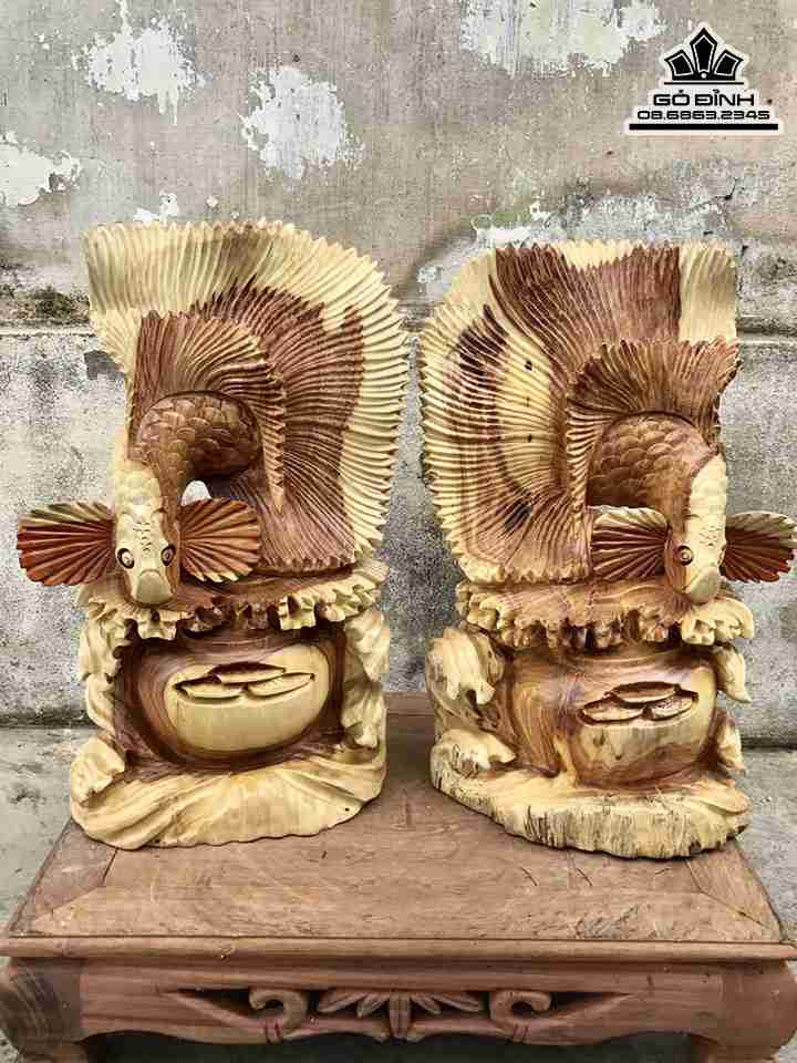 Tượng Cặp Cá Xiêm Phú Quý gỗ hương  cao 42 rộng 22 dày 15 (cm)