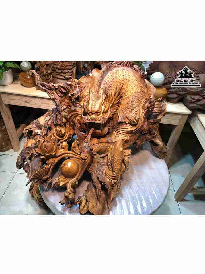 Tượng Cá Chép Hóa Rồng gỗ bách xanh  cao 54 rộng 86 dày 56 (cm)