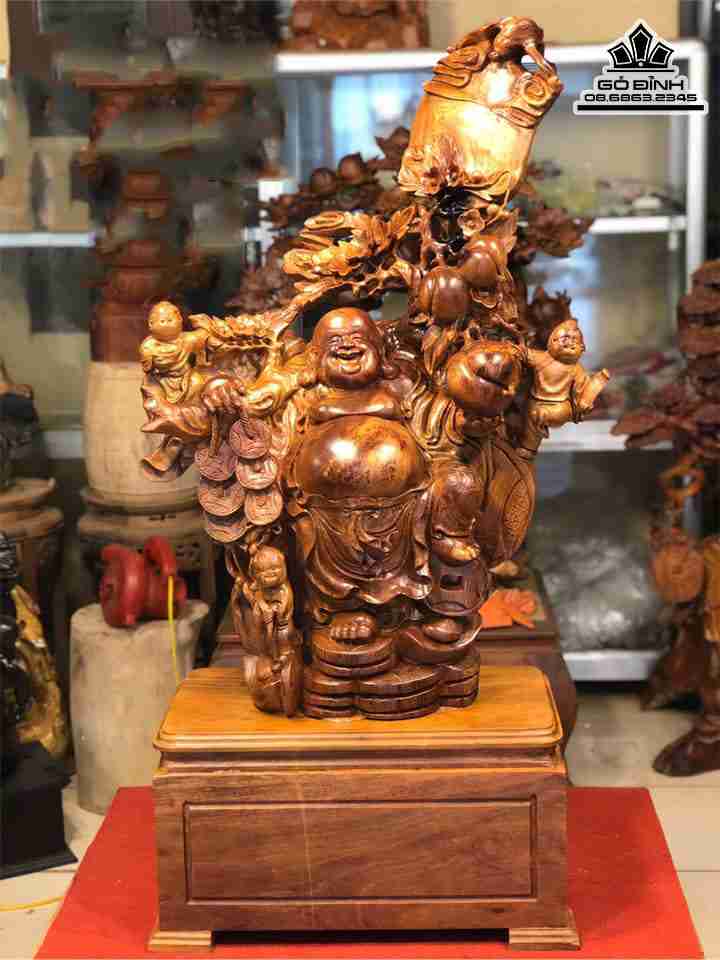 Tượng Phật Di Lặc ngũ phúc gỗ hương   cao 1m10 (kỉ cao 27cm) rộng 55 sâu 25 (cm)