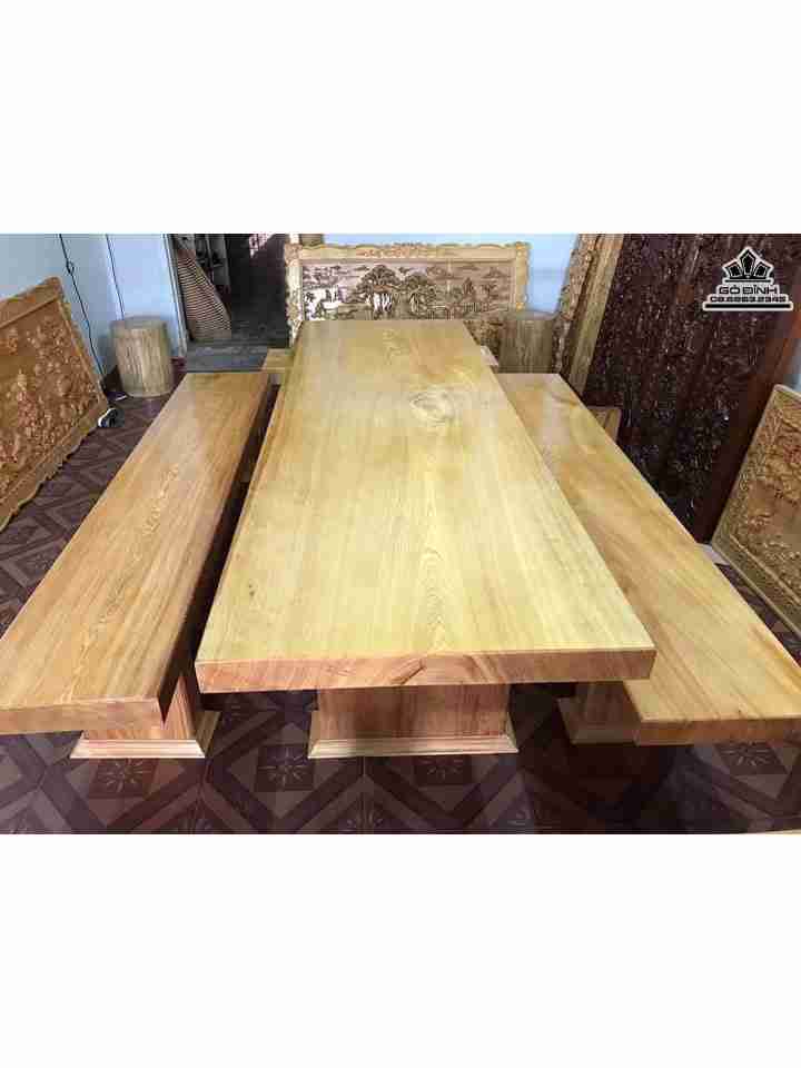 Bộ Bàn Ghế K3 gỗ pơ mu  bàn rộng 79 dài 2m50 dày 7 ghế rộng 40 dài 2m20 dày 9 (cm)