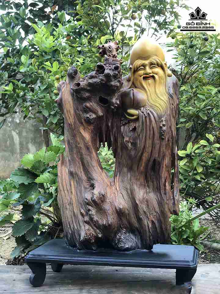 Tượng Ông Thọ Gỗ Nu Bách Xanh  Cao 46 Ngang 28 Sâu 8 (cm )