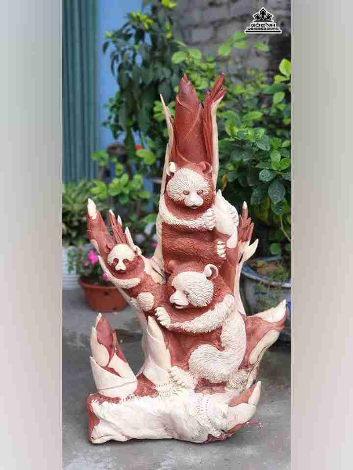 Tượng Gia Đình Gấu Trúc gỗ hương  cao 91 rộng 52 dày 35 (cm)