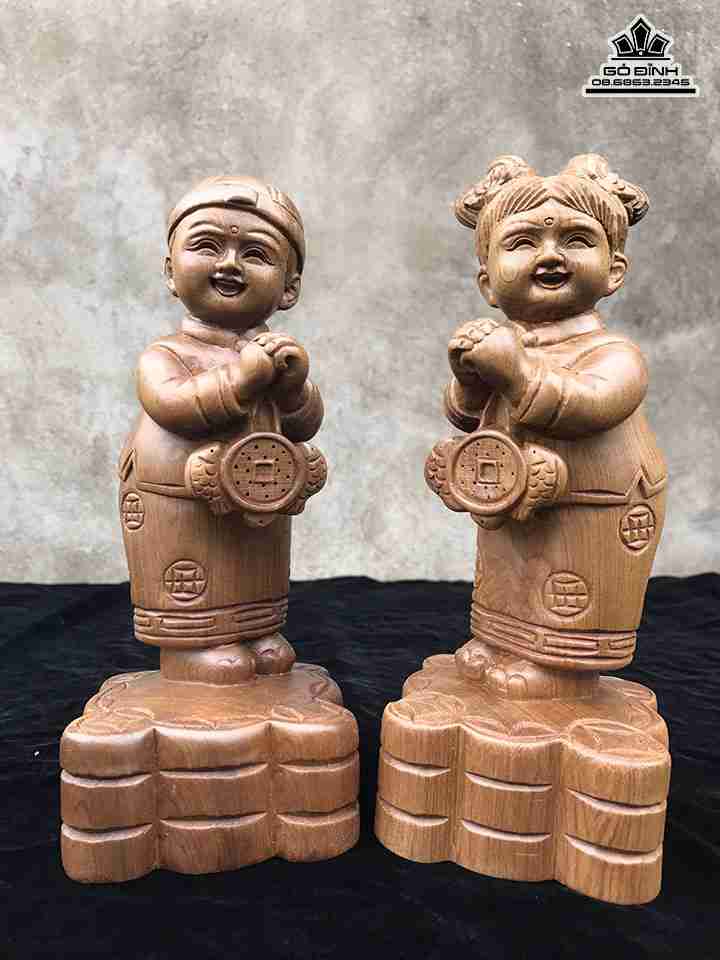 Tượng Tiểu Đồng Ngọc Nữ gỗ bách xanh  cao 20 rộng 8 dày 8 (cm)