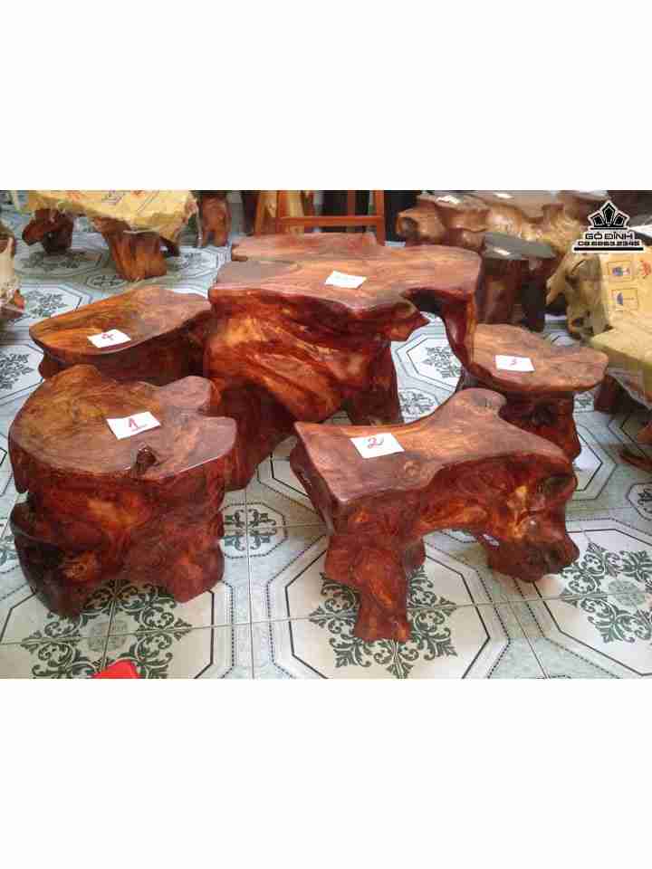 Bộ bàn ghế gốc cây  1 bàn và 4 đôn gỗ hương đá Gia Lai