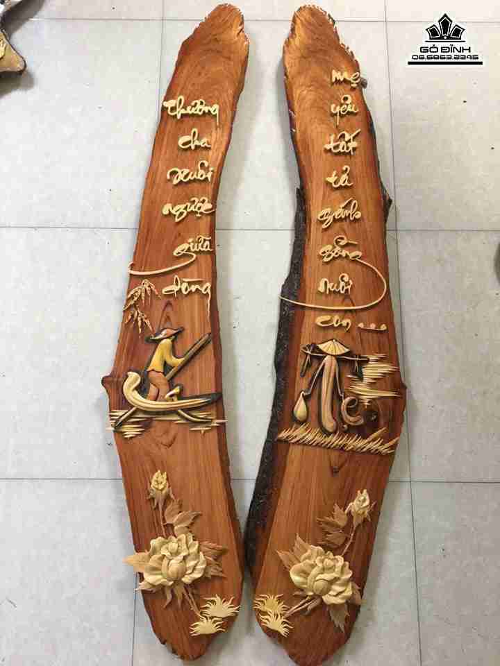 Tranh cha mẹ gỗ gõ đỏ (cate)  cao 130 rộng 22 dày 2 (cm)