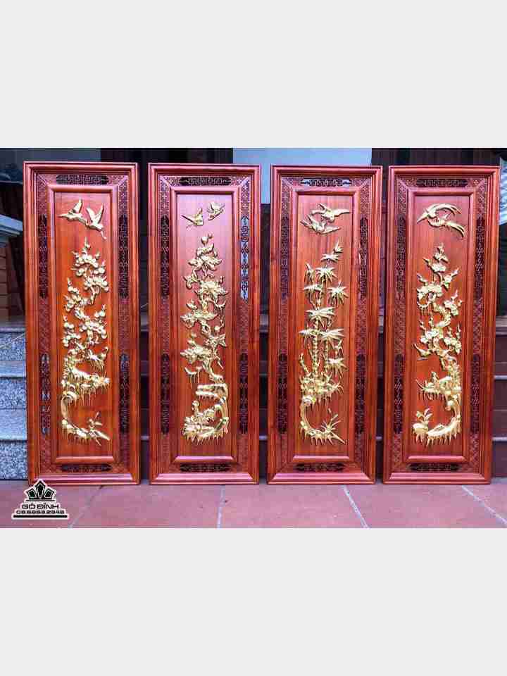 Tranh tứ quý mạ vàng gỗ hương nam phi  cao 108 rộng 38 dày 3 (cm)